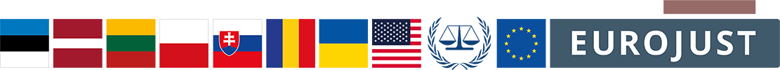 Flags of ET, LV, LT, PL, SK, RO, UA, US, logos of ICC, EU, Eurojust